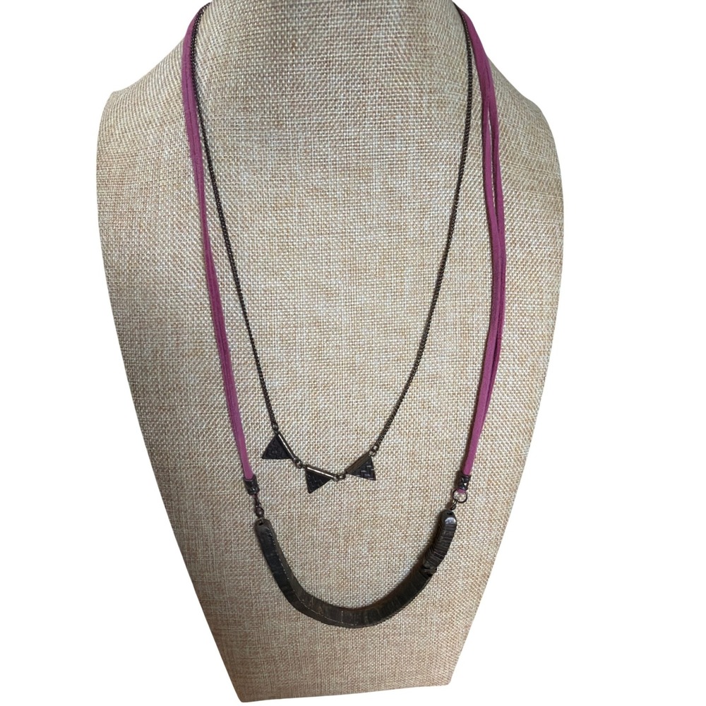 Boho Layered Necklace Purple Suede Bronze‎ Geometric Triangle Charms